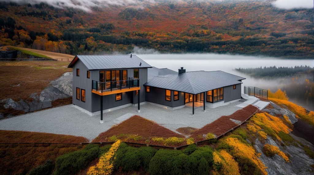 3D visualization: photorealistic exterior render of a modern home in a natural setting