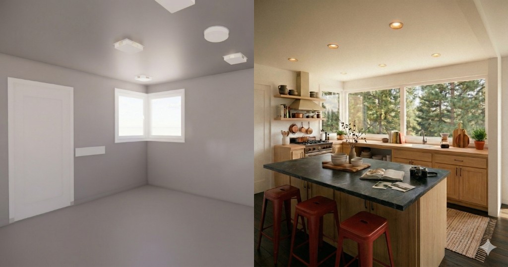 Side-by-side comparison: base 3D model view and AI-refined kitchen visualization