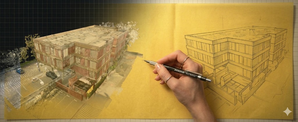 Panoramic image: transition from a 3D point cloud scan of a building to a hand-drawn architectural sketch on yellow tracing paper, with a hand holding a drafting lead holder.
