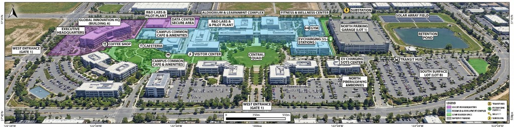 Aerial map-style view of a large corporate or education campus with labeled buildings, parking, central quad, transit, and color-coded zones