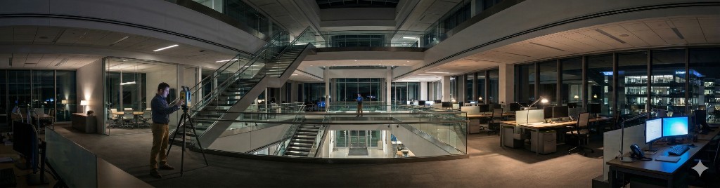 Open-plan office atrium at night with a technician operating a tripod-mounted 3D laser scanner