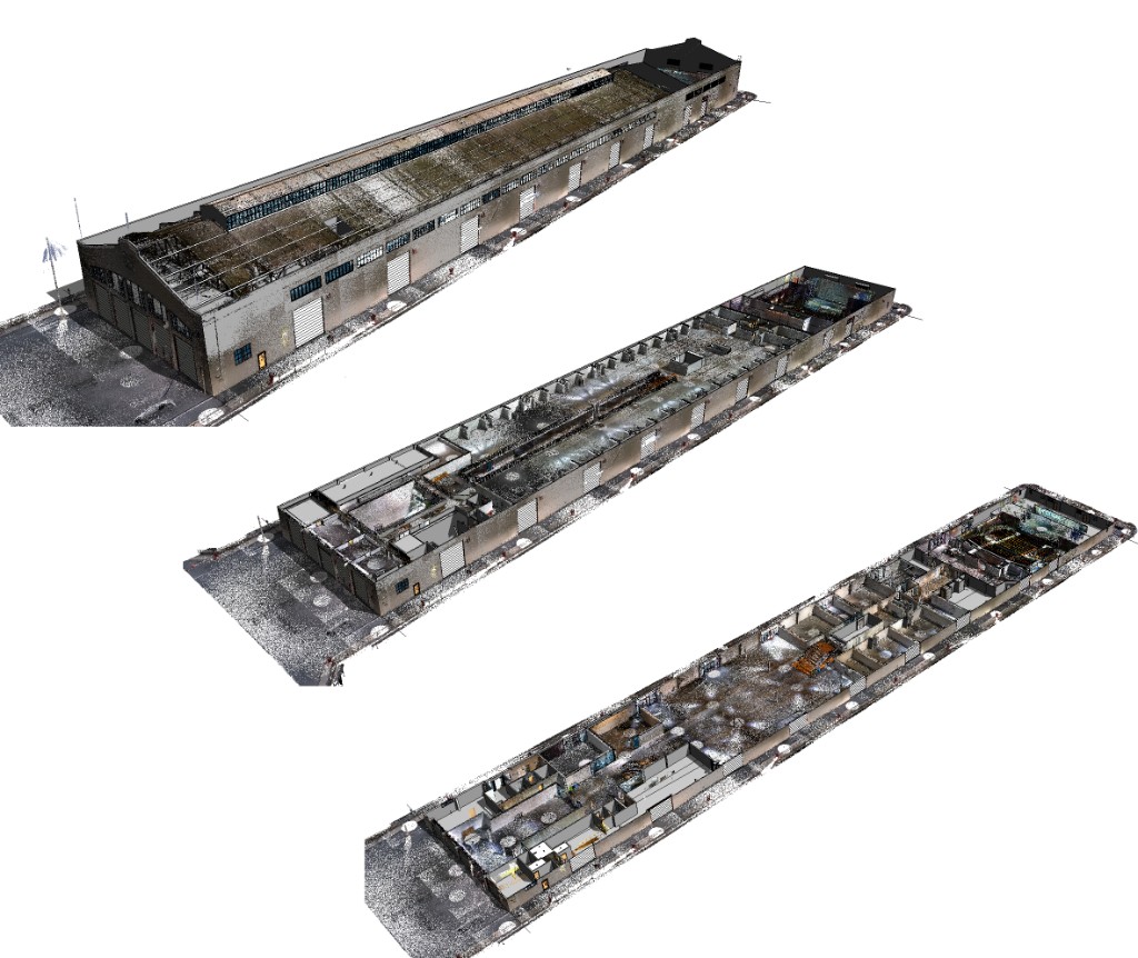 Commercial building documentation: exterior, structural cutaway, and interior plan views