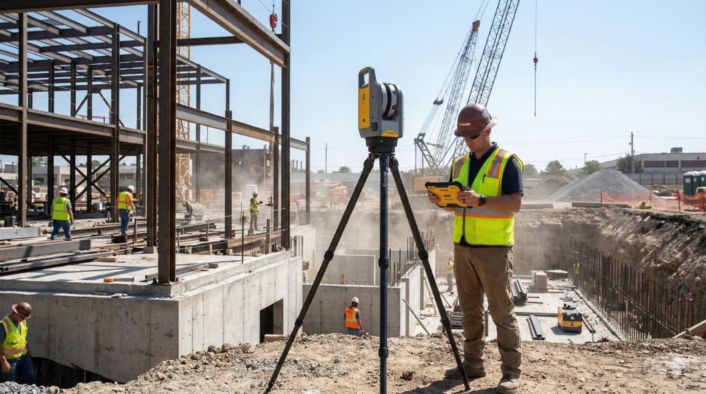 Construction site with surveyor using a tripod-mounted LiDAR scanner and tablet under a clear sky