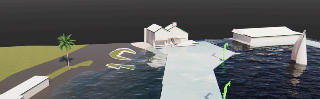 Stylized 3D coastal scene with buildings and rising flood water, illustrating disaster simulation