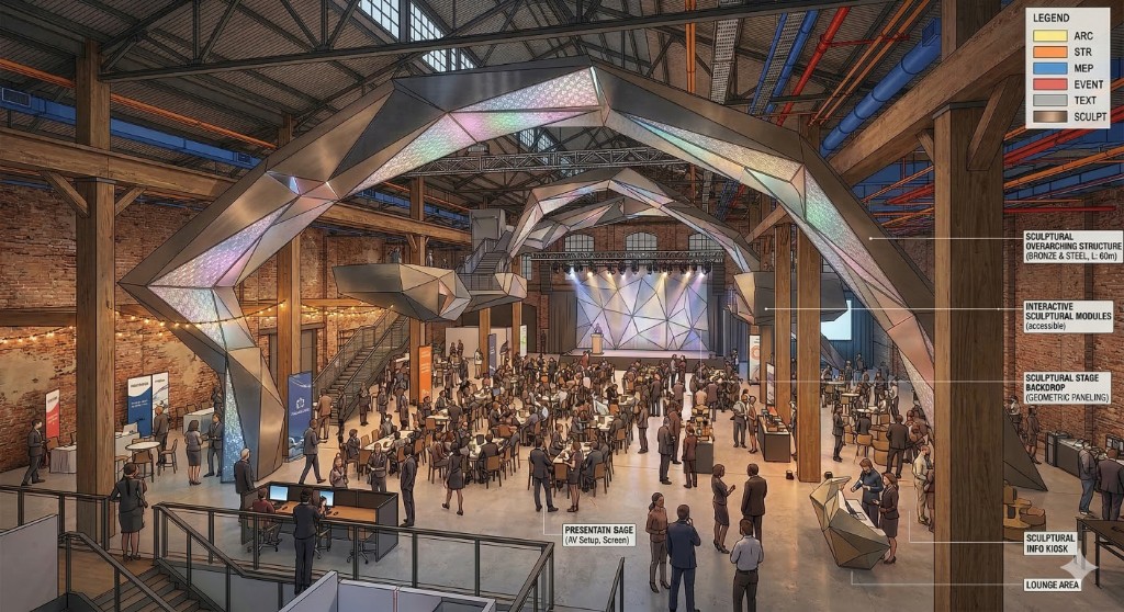 Architectural visualization of a large industrial warehouse venue set up for a corporate event: banquet tables, stage, sculptural installations, and attendees