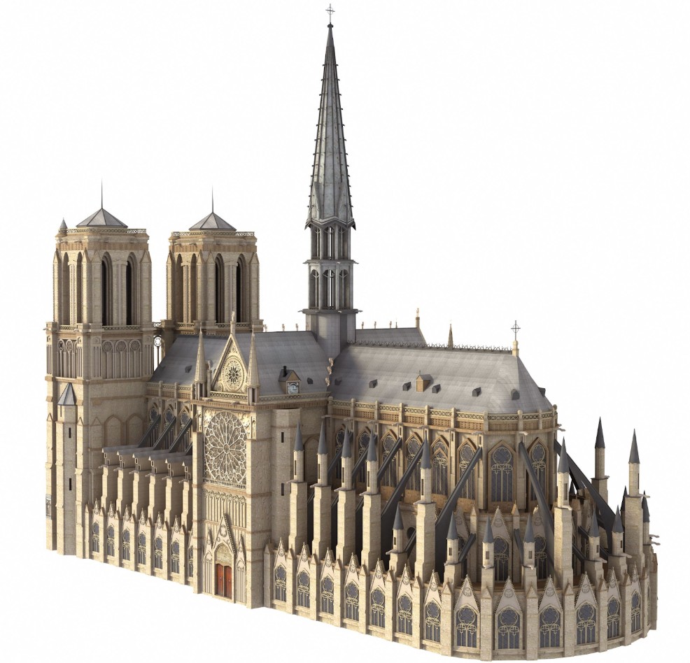 3D digital model of Notre-Dame de Paris: façade with twin towers, flying buttresses, rose window, and spire—illustrating precision documentation for historic preservation