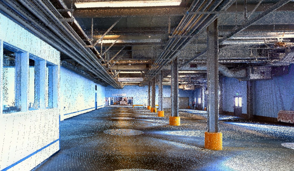 LiDAR point cloud visualization of a long industrial interior with structural columns and exposed ceiling systems
