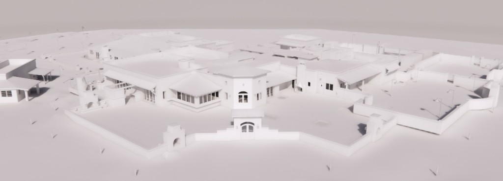 Aerial 3D architectural rendering of a sprawling low-rise hospitality complex: courtyards, pools, and Mediterranean-style massing in white clay style
