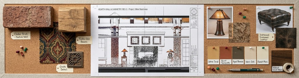 Interior design mood board with Miller Residence hearth wall and cabinetry drawing, material samples, and finish swatches.