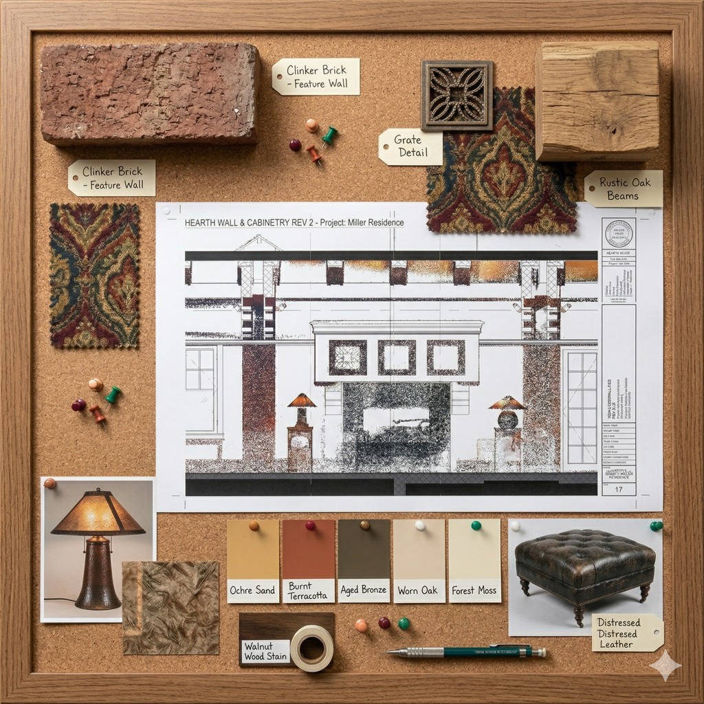 Interior design mood board with drawing, material samples, and color swatches