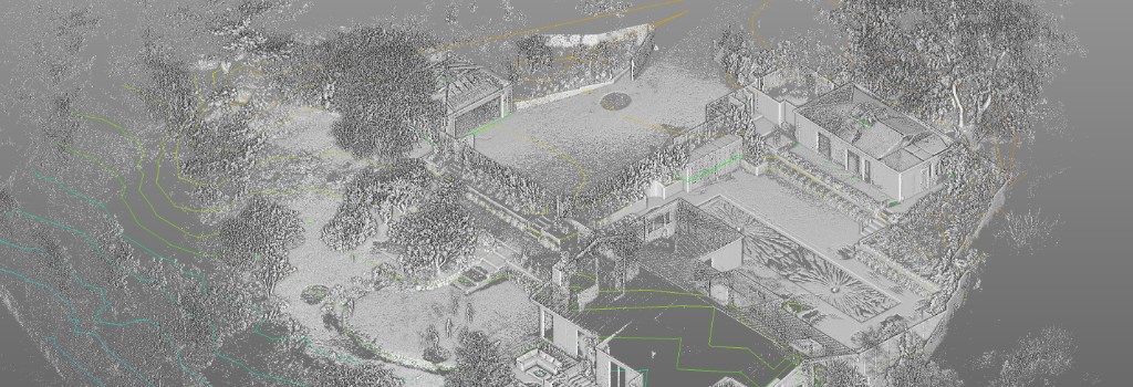 Wide point-cloud visualization of a residential estate with pool, paving, and landscaping, overlaid with colored topographic contour lines