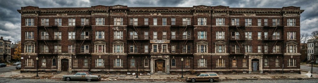 Panoramic view of a historic multi-story brick apartment building with fire escapes and street frontage under an overcast sky
