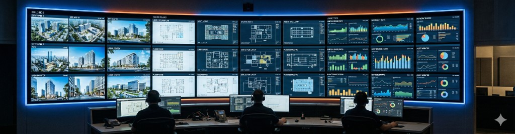 Operations center with a curved video wall of building plans, 3D renderings, and analytics dashboards; operators at workstations