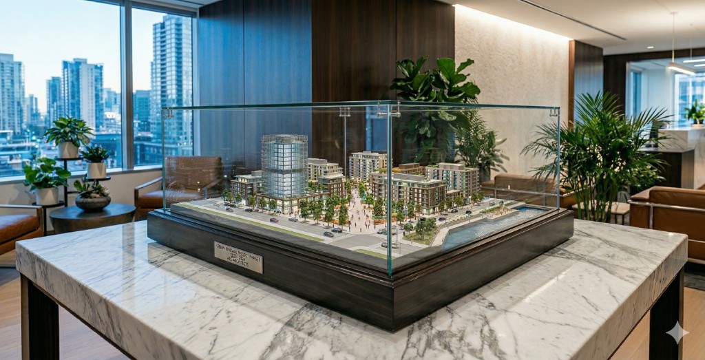 Architectural scale model of an urban development in a glass display case on a marble table, with city views through office windows