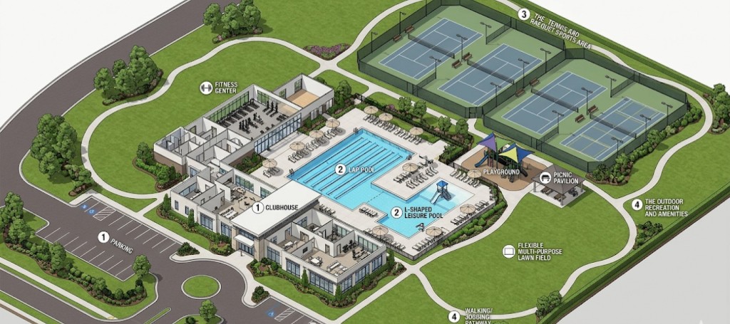 Aerial site plan: clubhouse, fitness center, pools, tennis courts, playground, and outdoor recreation at a recreational facility