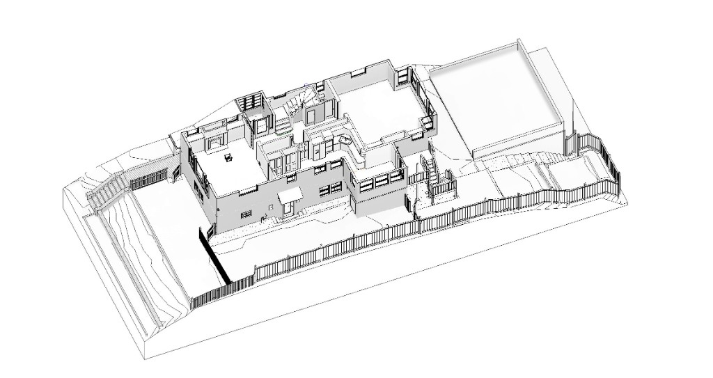 Isometric BIM-style residential model: interior layout, structure, and site topography