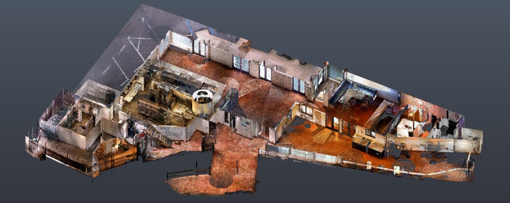3D point cloud cutaway of a restaurant interior showing kitchen, dining, bar, and back-of-house from an isometric view