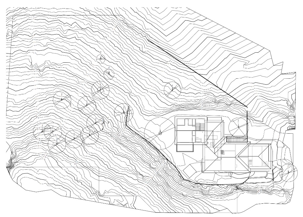 Technical site plan drawing with contour lines, building footprints, and tree locations