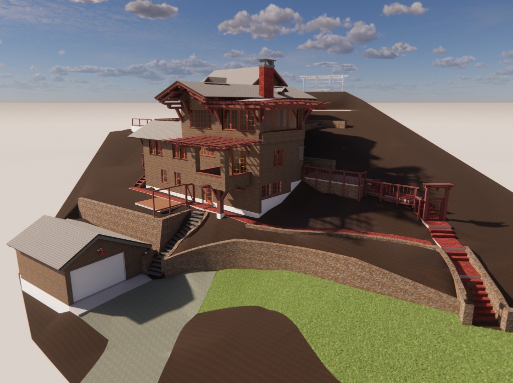 3D model of a hillside Arts and Crafts residence: shingle siding, red trim, tiered decks, retaining walls, and garage — Bay Area historic documentation