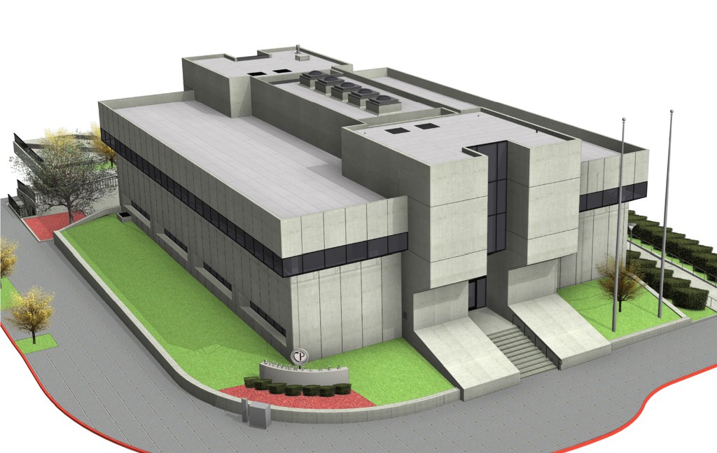 3D model of Cityview Plaza and the Bank of California building (“The Sphinx”), San Jose — Cesar Pelli brutalist architecture with plaza, landscaping, and entrance stairs