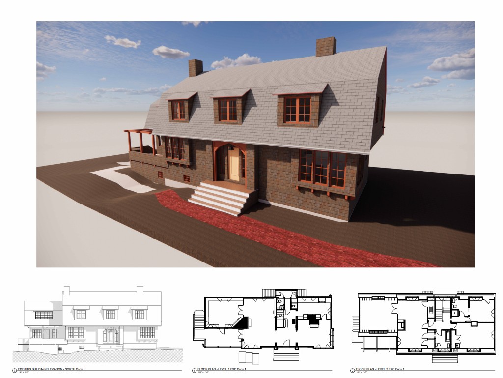 Existing conditions documentation: 3D rendering of a shingle-style historic house with North elevation, Level 1 floor plan, and Level 2 floor plan at 1/8 inch scale