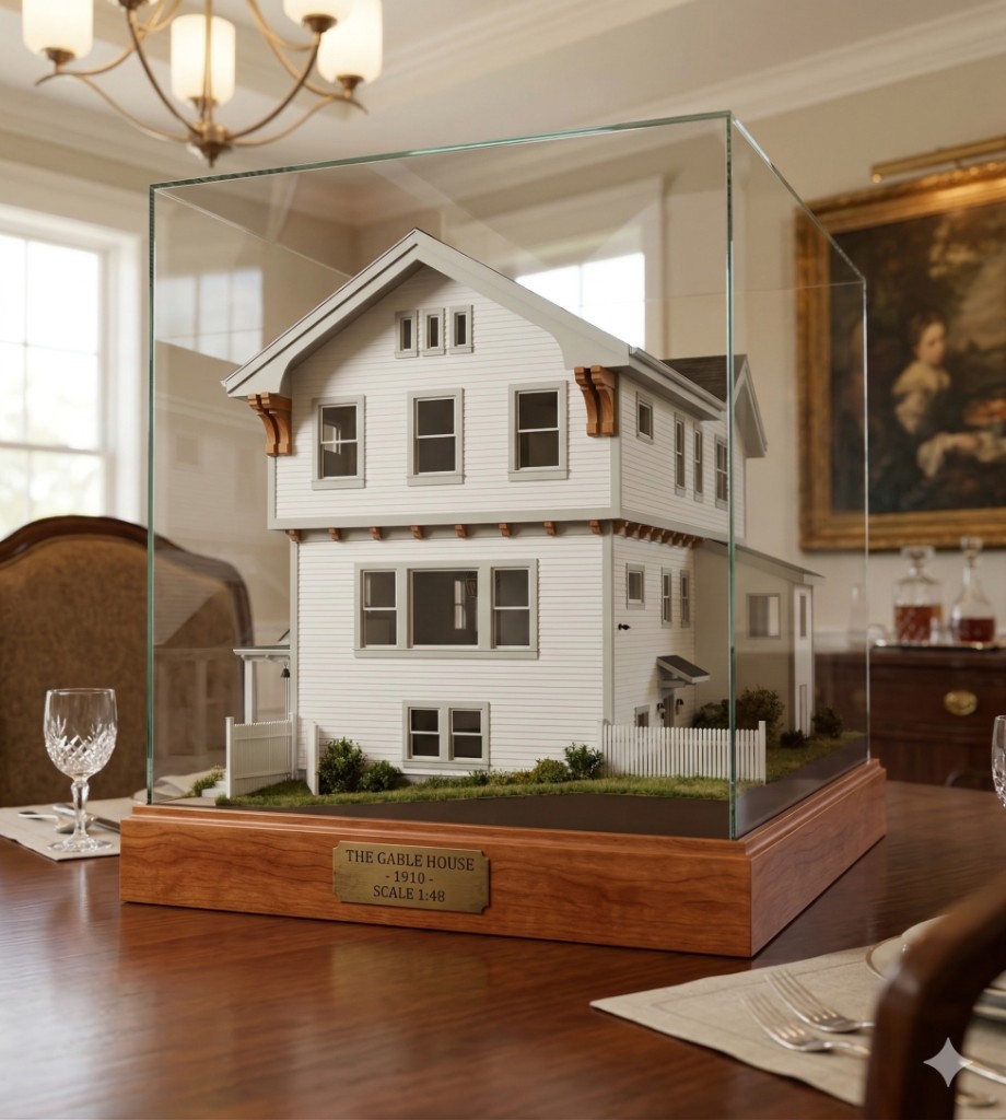 Architectural building model displayed under glass