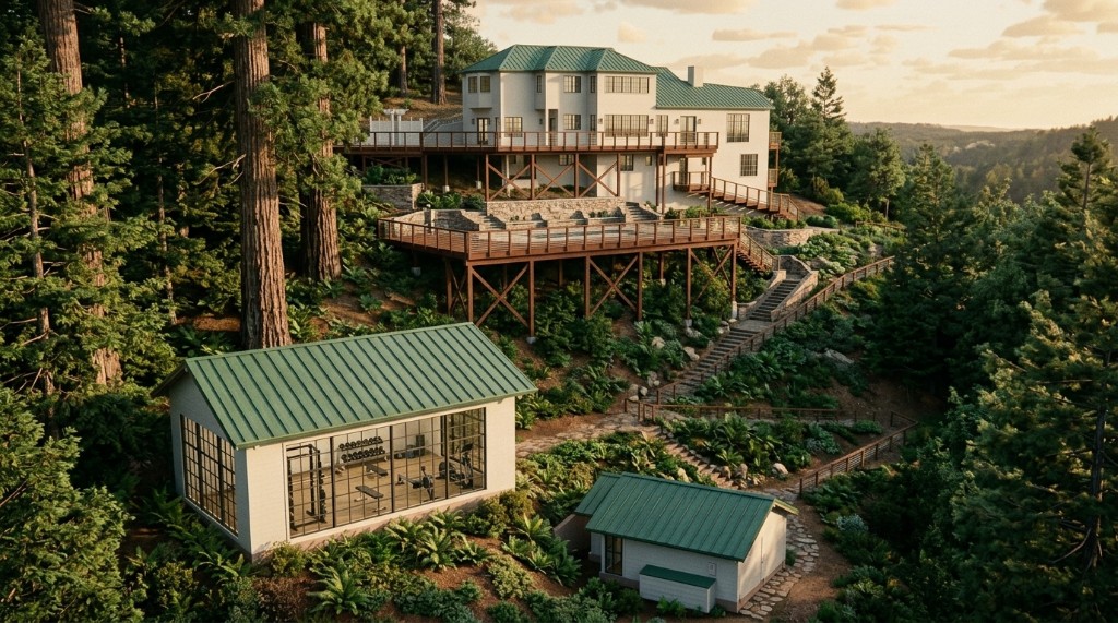 Hillside residential property with main house, gym, and auxiliary buildings among redwoods