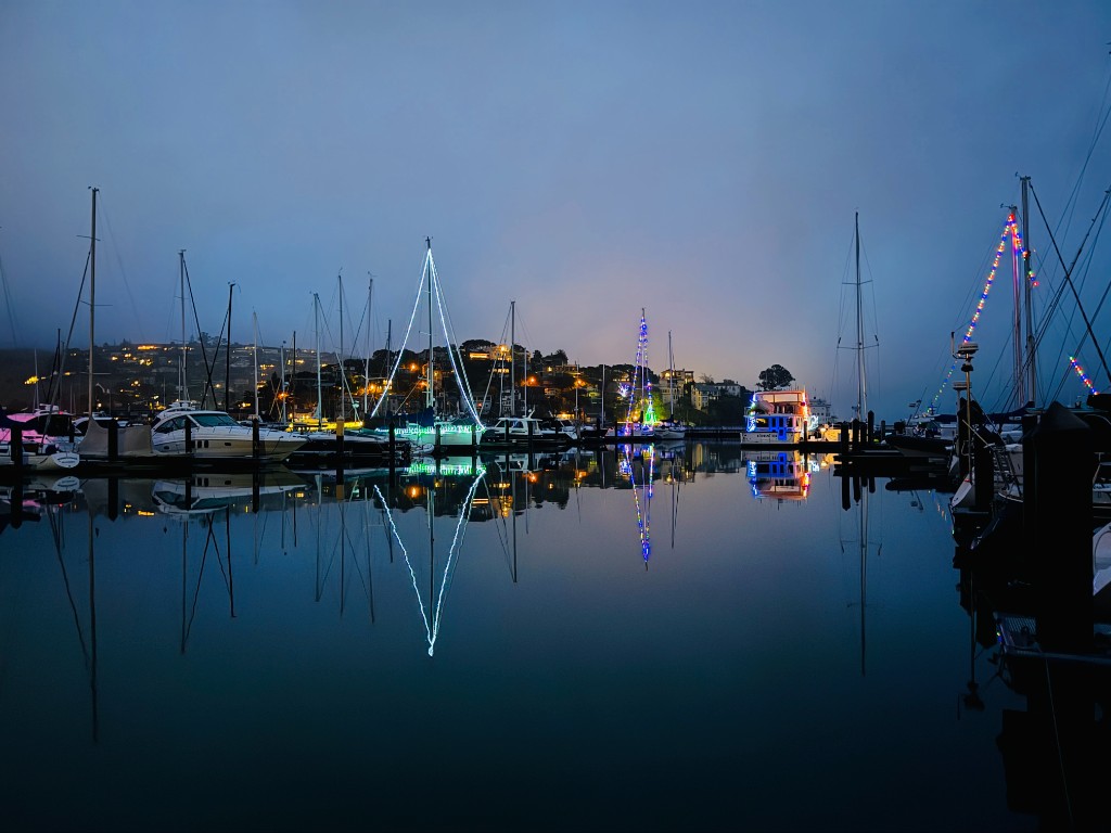 Marina at dusk with sailboats and holiday lights reflected on calm water