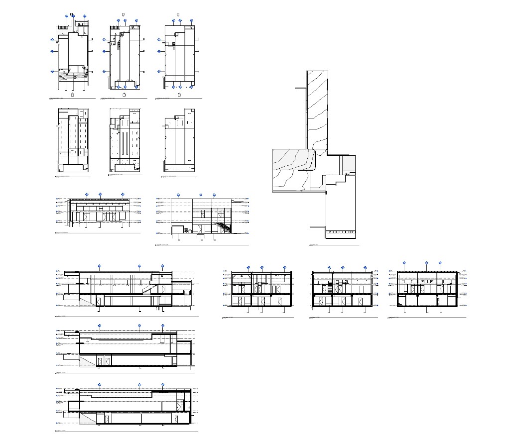 CAD drawing set: plans, sections, elevations, and construction details