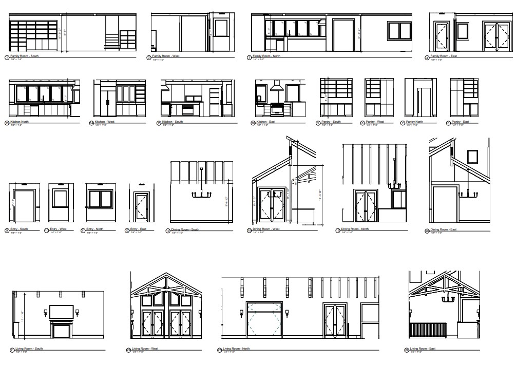 Sample interior elevations: family room, kitchen, dining, and living room wall drawings