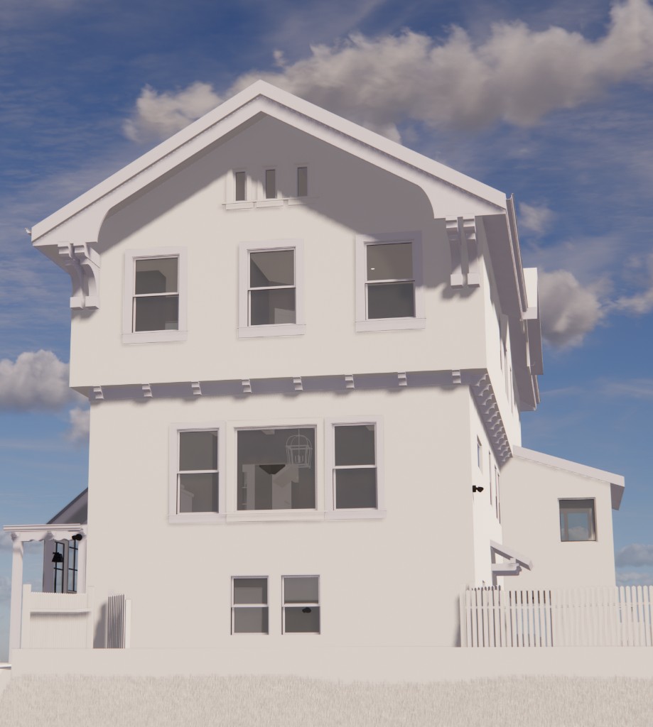3D exterior rendering: three-story house, white model style (opens Sketchfab viewer)