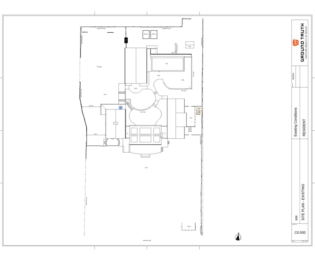 Existing conditions site plan sample with Ground Truth title block, sheet C0.000 (opens PDF preview)
