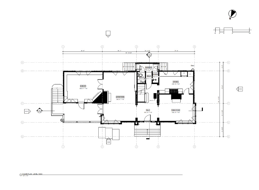 CAD floor plan, level 1: rooms, dimensions, grid, and architectural symbols for a single family residence